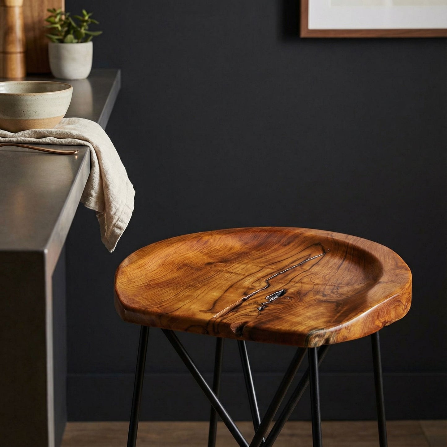 Bare Decor Aloha Backless Teak Counter Stool with Metal Legs