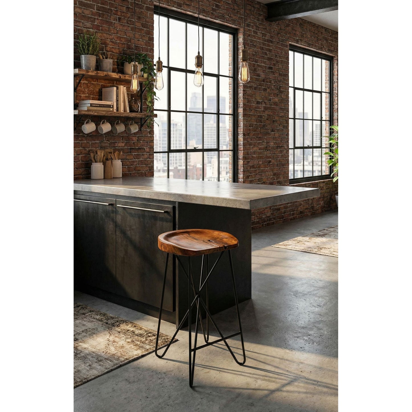 Bare Decor Aloha Backless Teak Counter Stool with Metal Legs