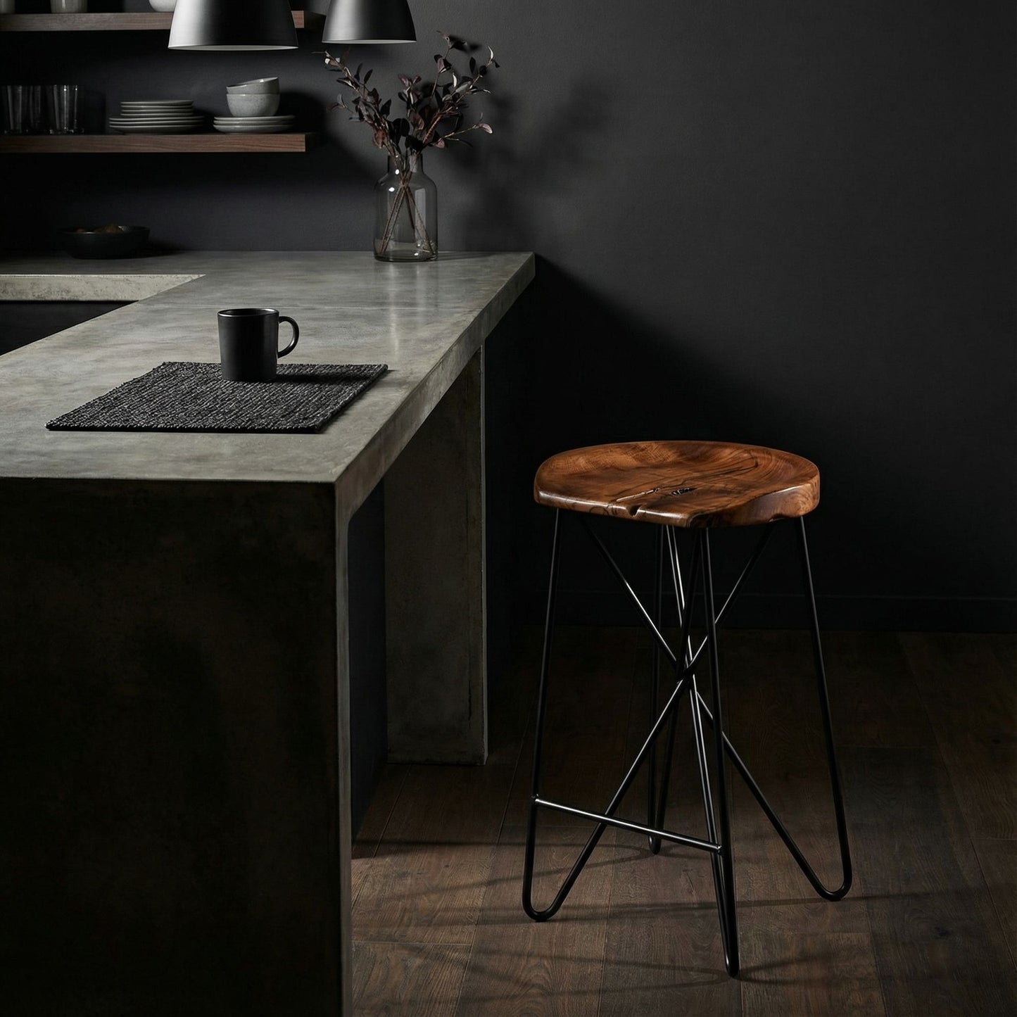 Bare Decor Aloha Backless Teak Counter Stool with Metal Legs