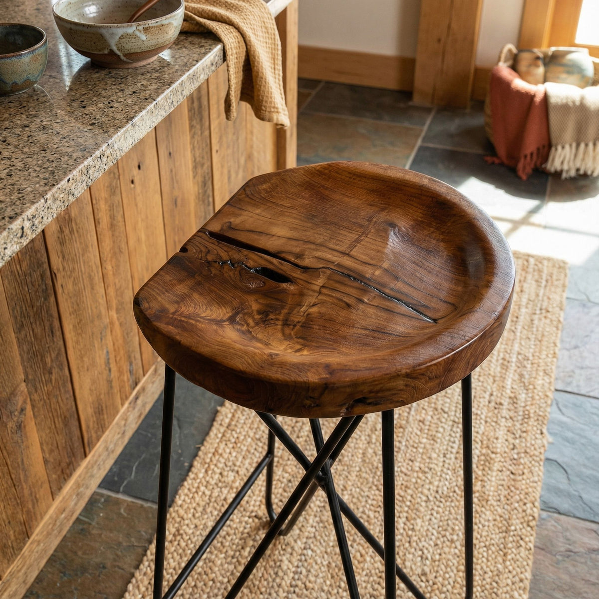 Bare Decor Aloha Backless Teak Counter Stool with Metal Legs