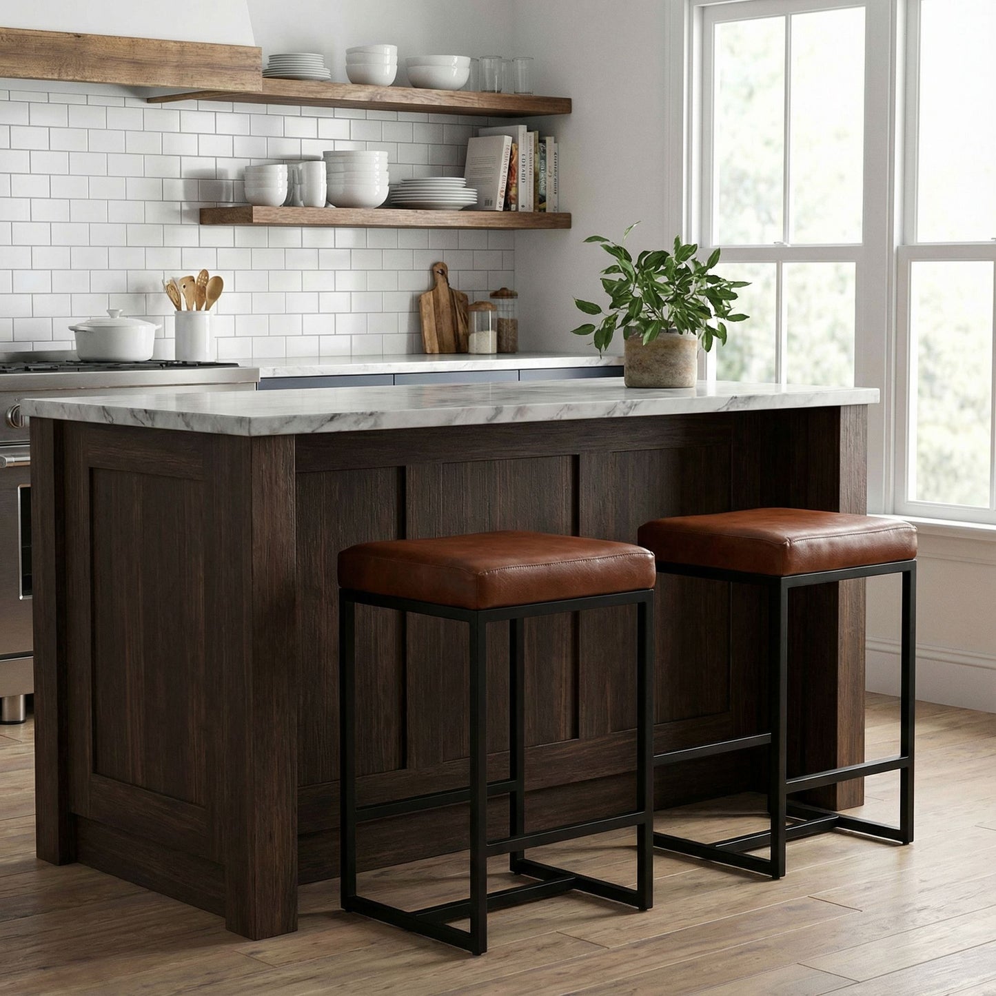 Bare Decor Cognac Backless Counter Stool in Genuine 100% Leather, Brown