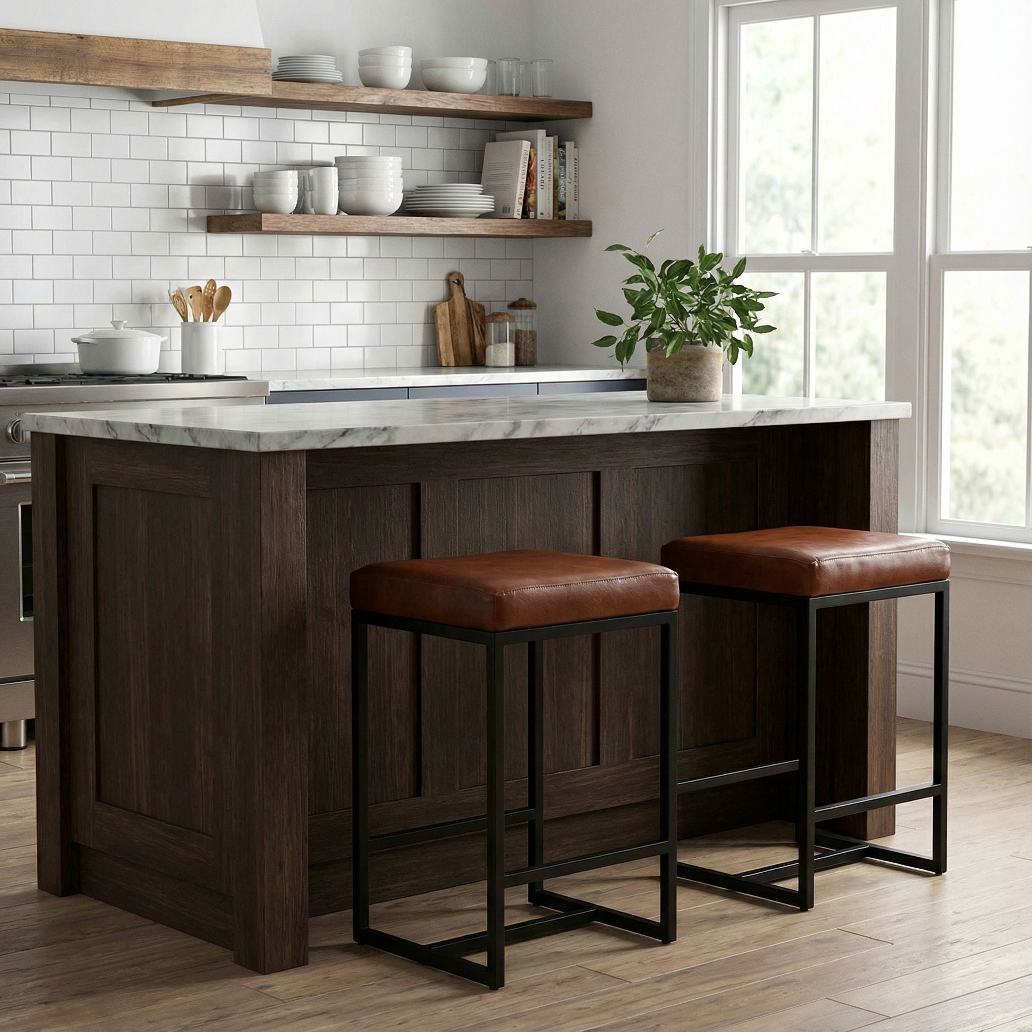 Bare Decor Cognac Backless Counter Stool in Genuine 100% Leather, Brown