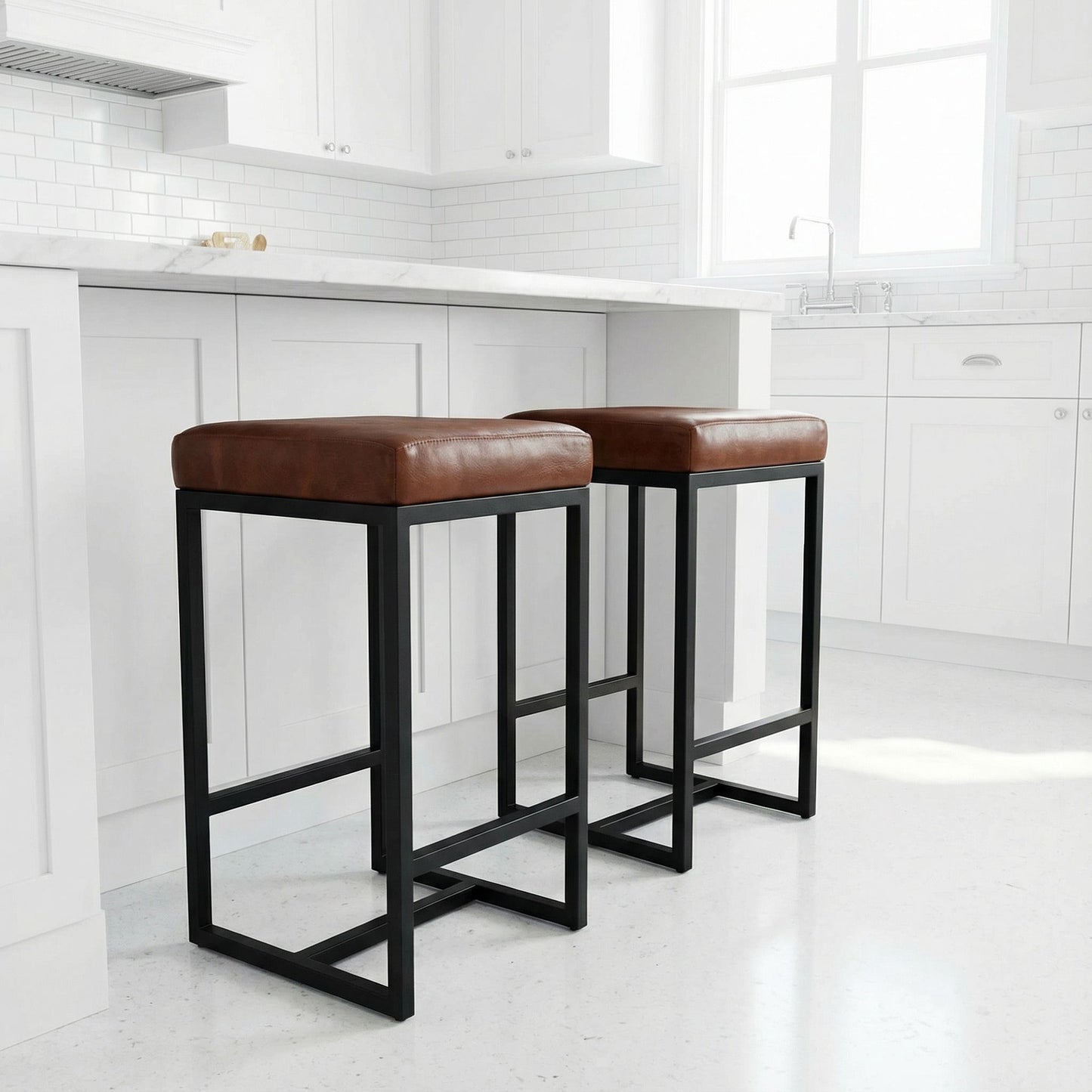 Bare Decor Cognac Backless Counter Stool in Genuine 100% Leather, Brown