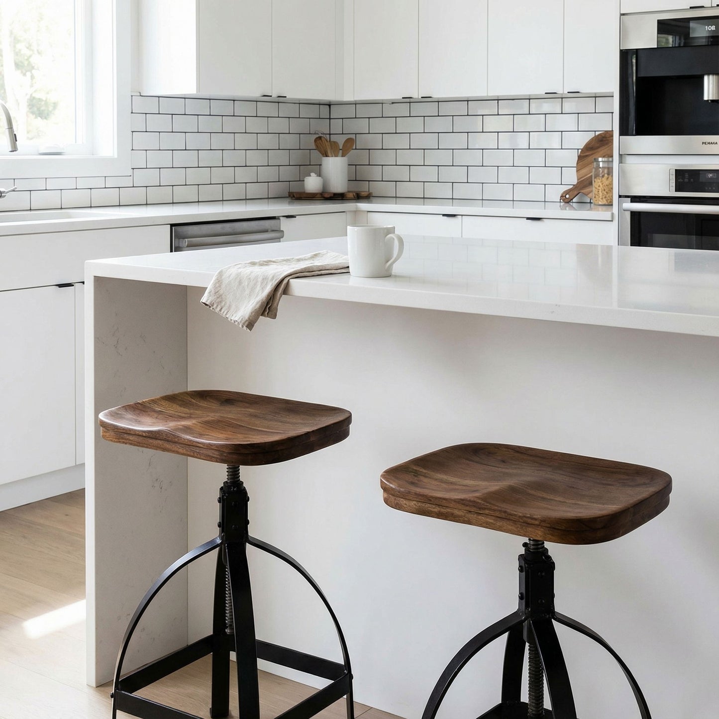 Bare Decor Keg Counter Swivel Stool in Solid Wood and Black Metal, Adjustable Height