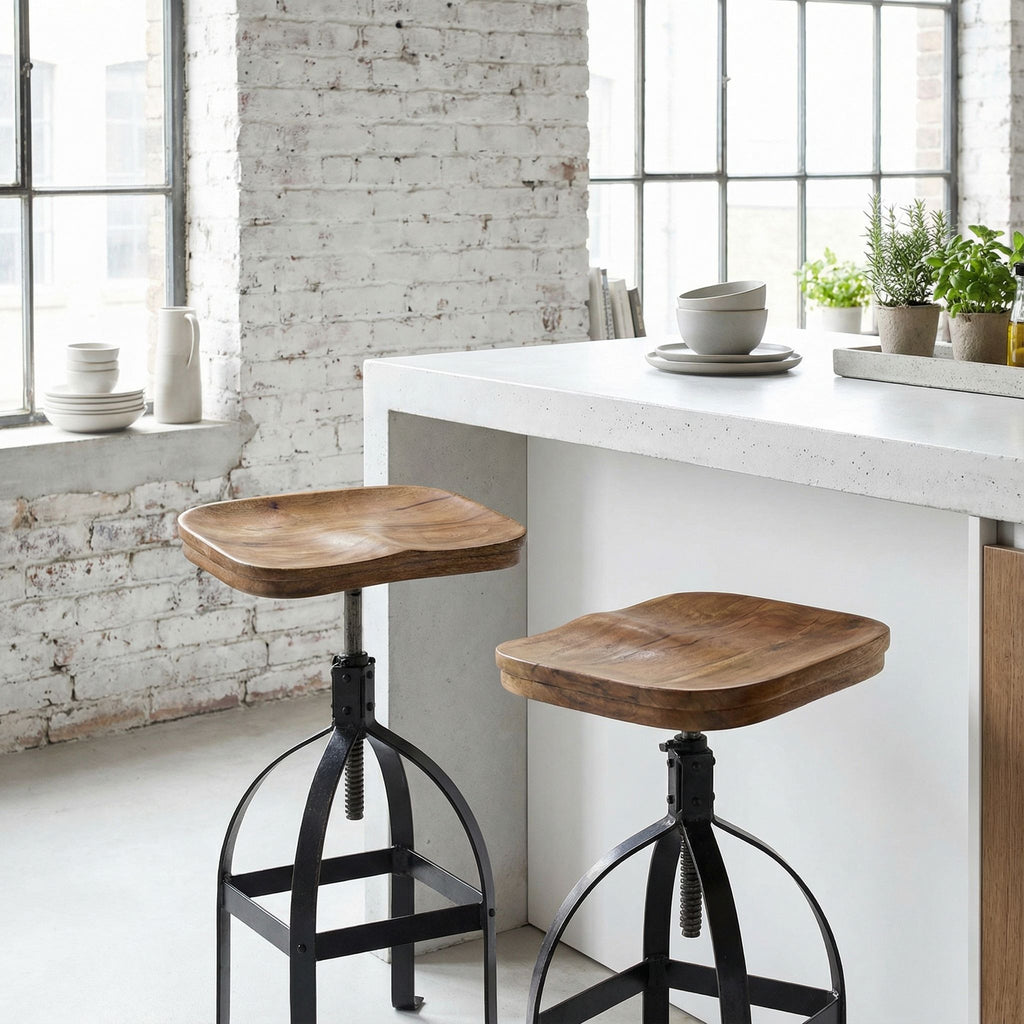 Bare Decor Keg Counter Swivel Stool in Solid Wood and Black Metal, Adjustable Height