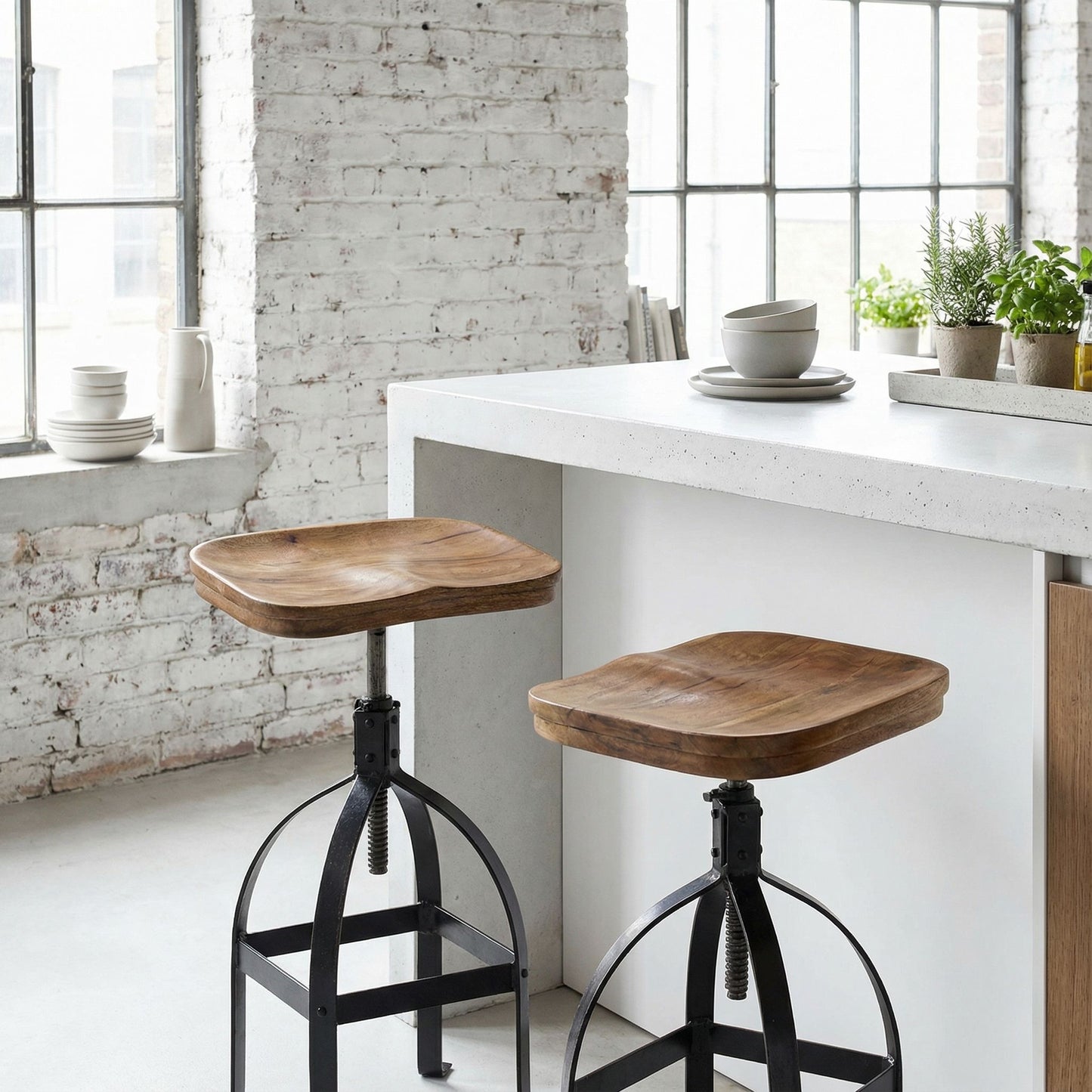 Bare Decor Keg Counter Swivel Stool in Solid Wood and Black Metal, Adjustable Height