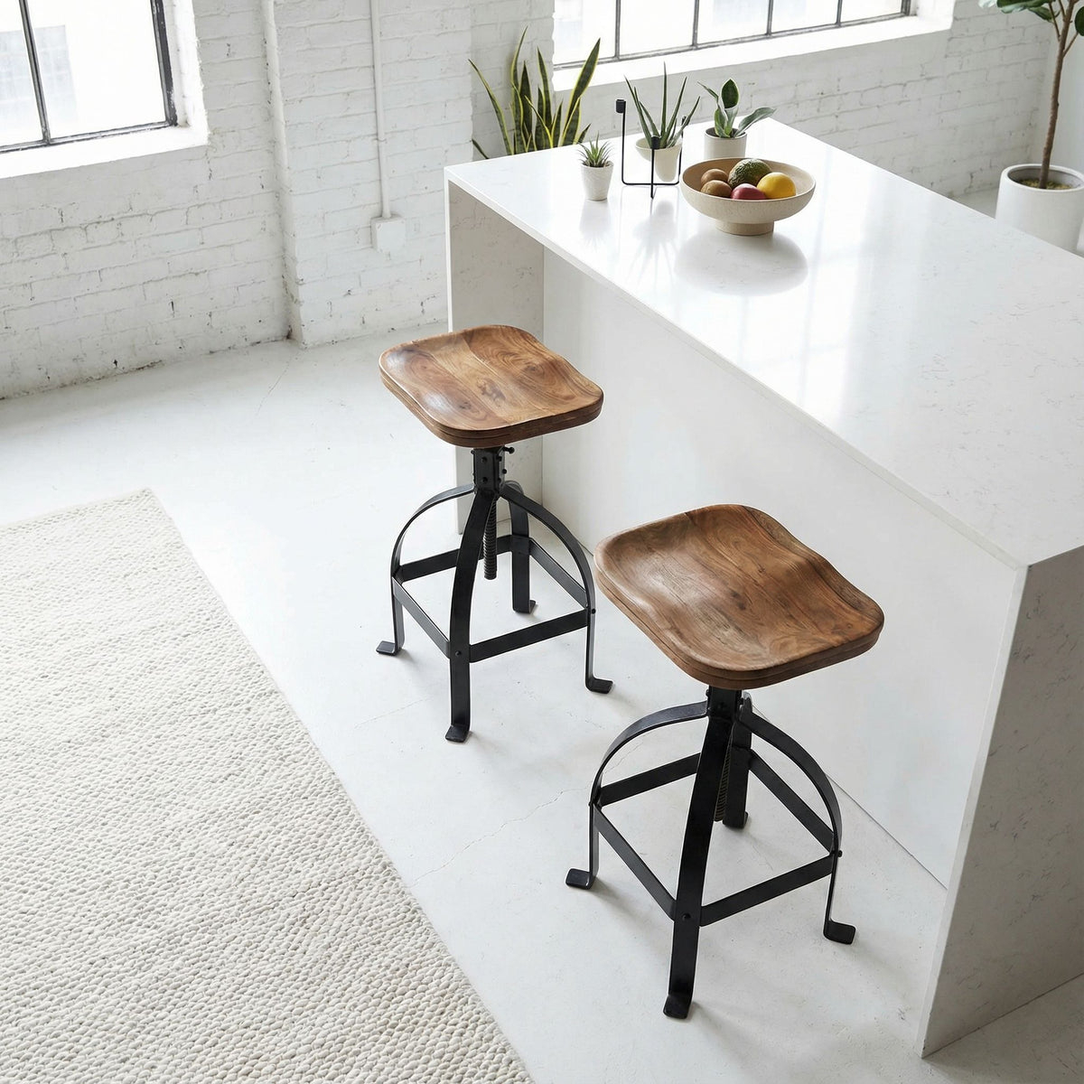 Bare Decor Keg Counter Swivel Stool in Solid Wood and Black Metal, Adjustable Height