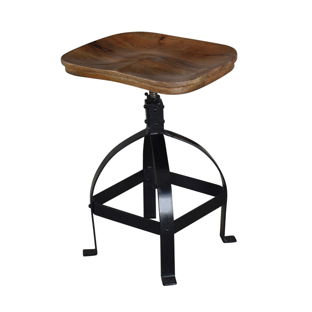 Bare Decor Keg Counter Swivel Stool in Solid Wood and Black Metal, Adjustable Height
