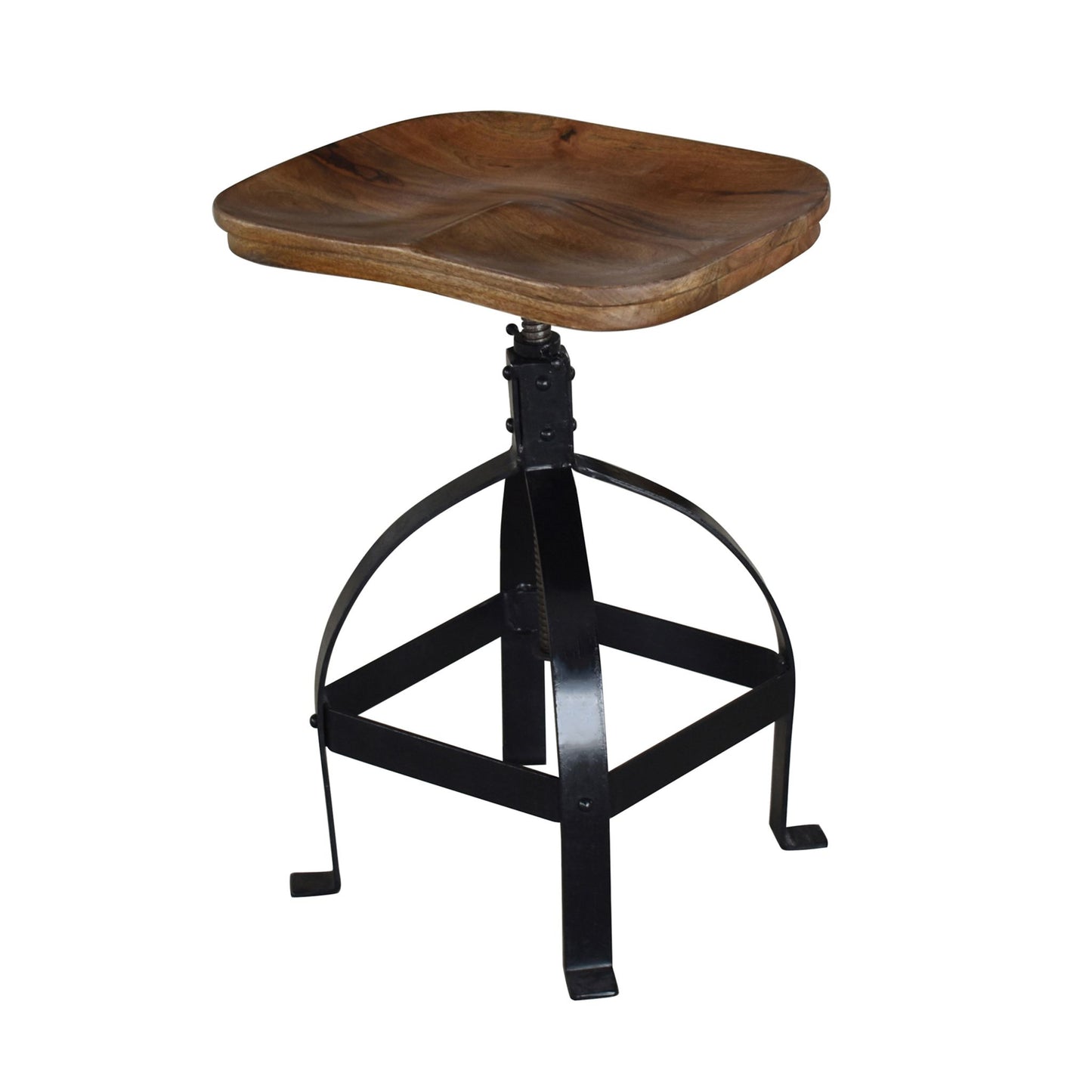 Bare Decor Keg Counter Swivel Stool in Solid Wood and Black Metal, Adjustable Height
