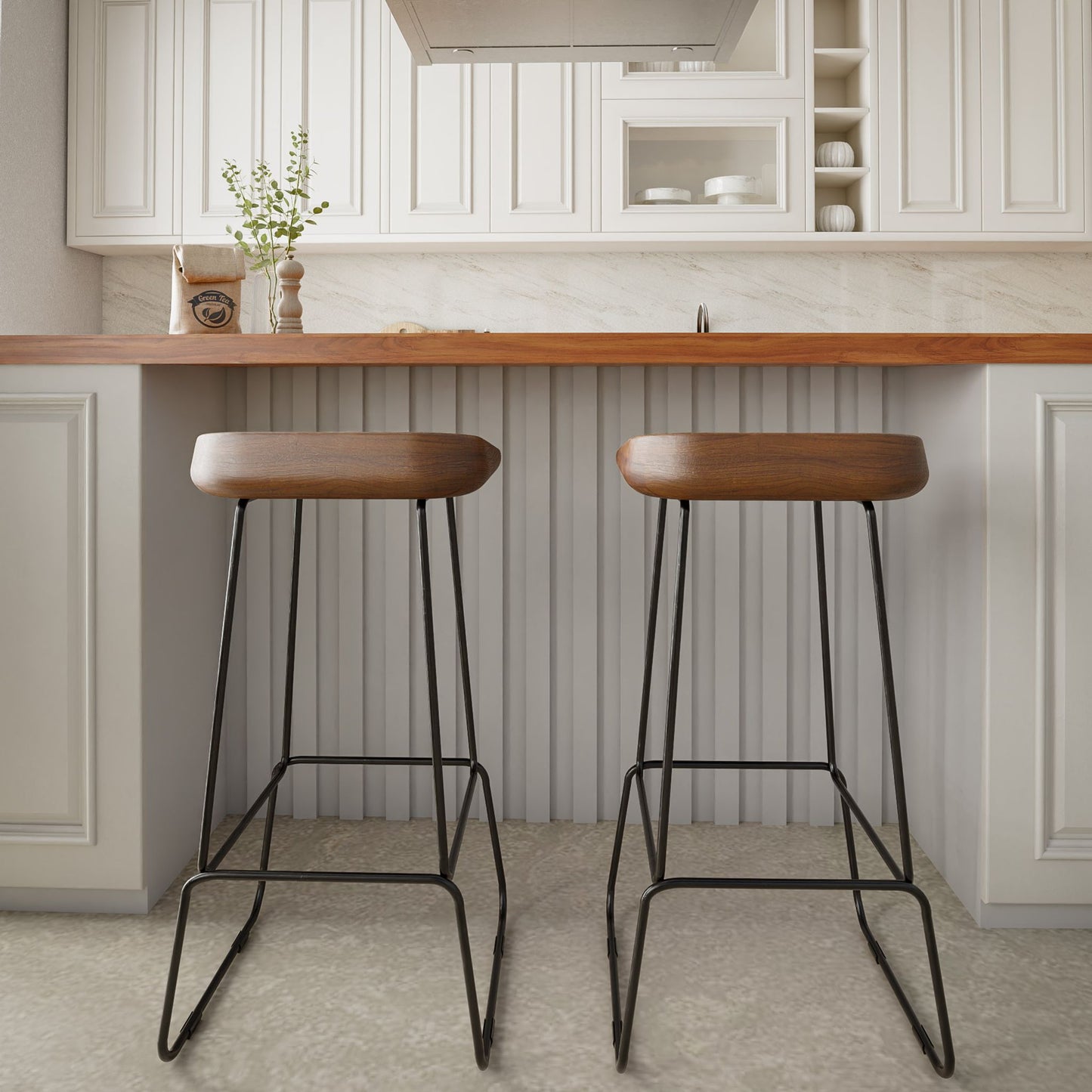 Bare Decor Dumas Solid Wood Barstool 30" Height , Black Metal Base, Set of 2