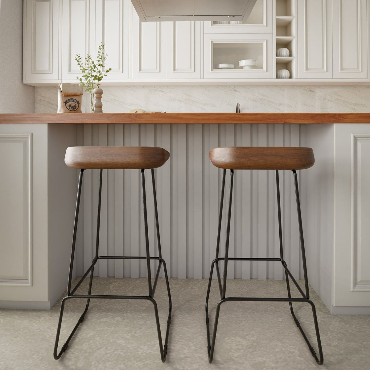 Bare Decor Dumas Solid Wood Barstool 30" Height , Black Metal Base, Set of 2