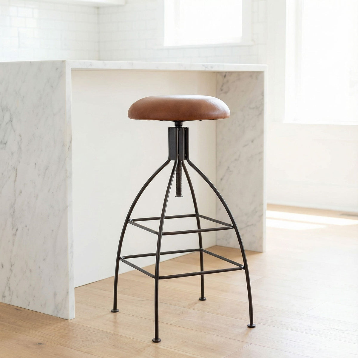 Bare Decor Pinot Counter Stool Black Metal Frame with Brown Genuine Leather Seat