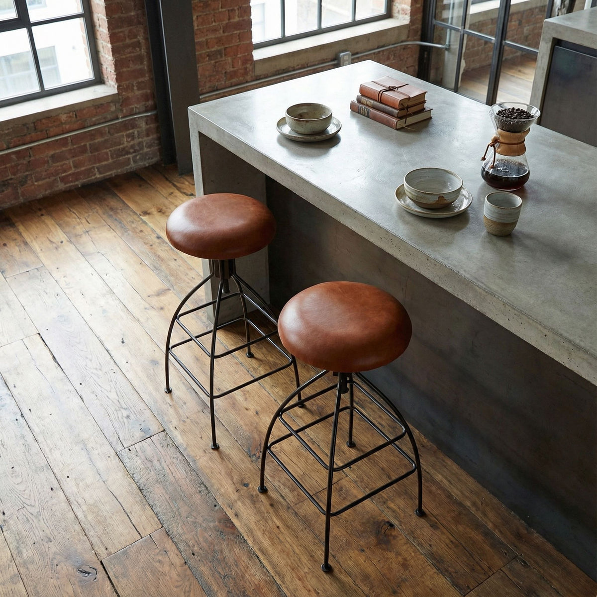Bare Decor Pinot Counter Stool Black Metal Frame with Brown Genuine Leather Seat