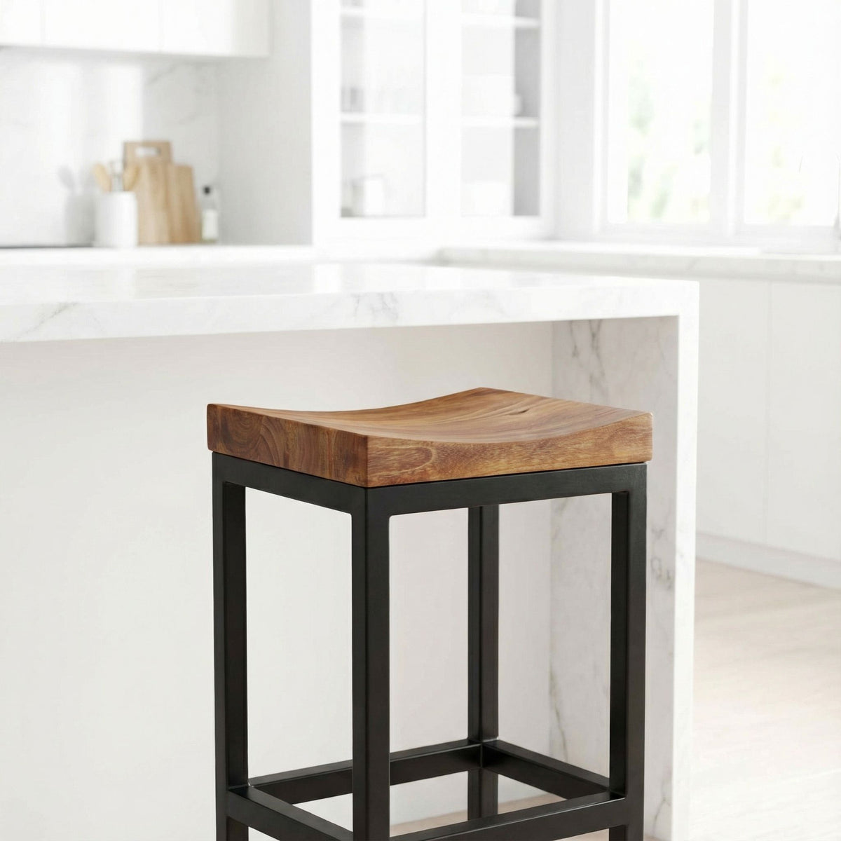 Bare Decor Kitta Metal Barstool with Solid Wood Seat