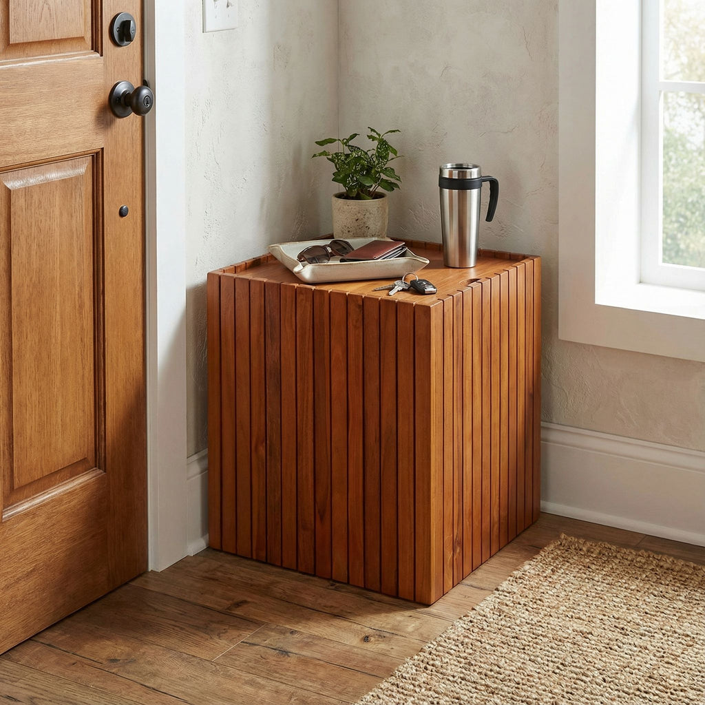 Bare Decor Kiev Solid Teak Storage Basket Box with Lid,17x17x20