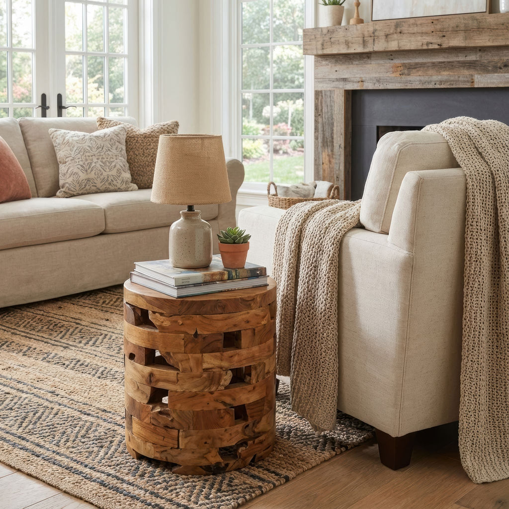 Bare Decor Stonehenge Artisan Accent Stool, Table in Solid Teak Wood