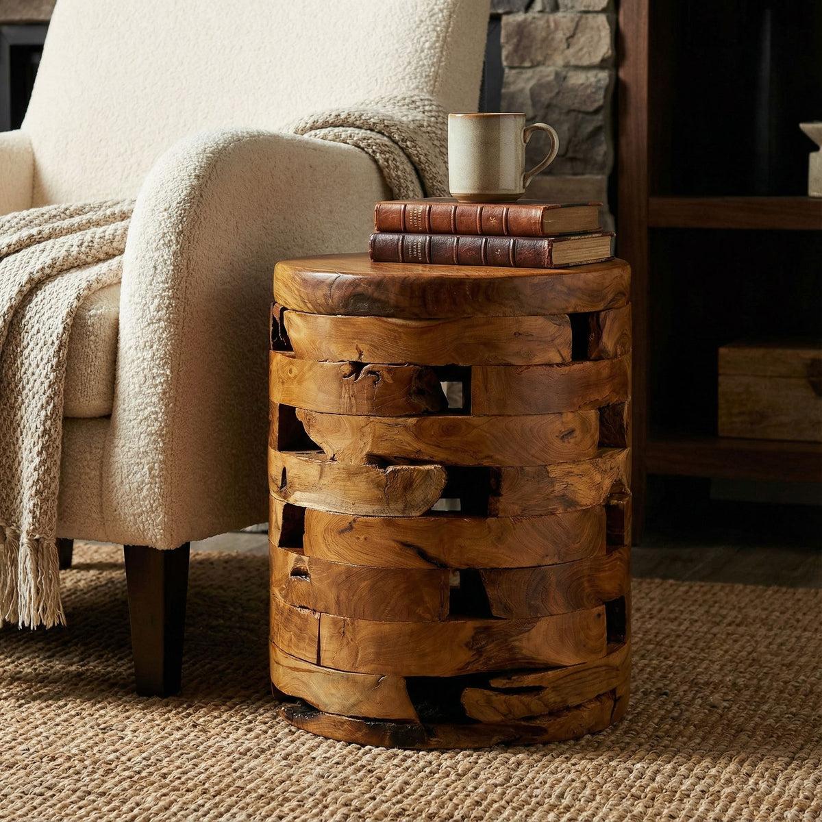 Bare Decor Stonehenge Artisan Accent Stool, Table in Solid Teak Wood