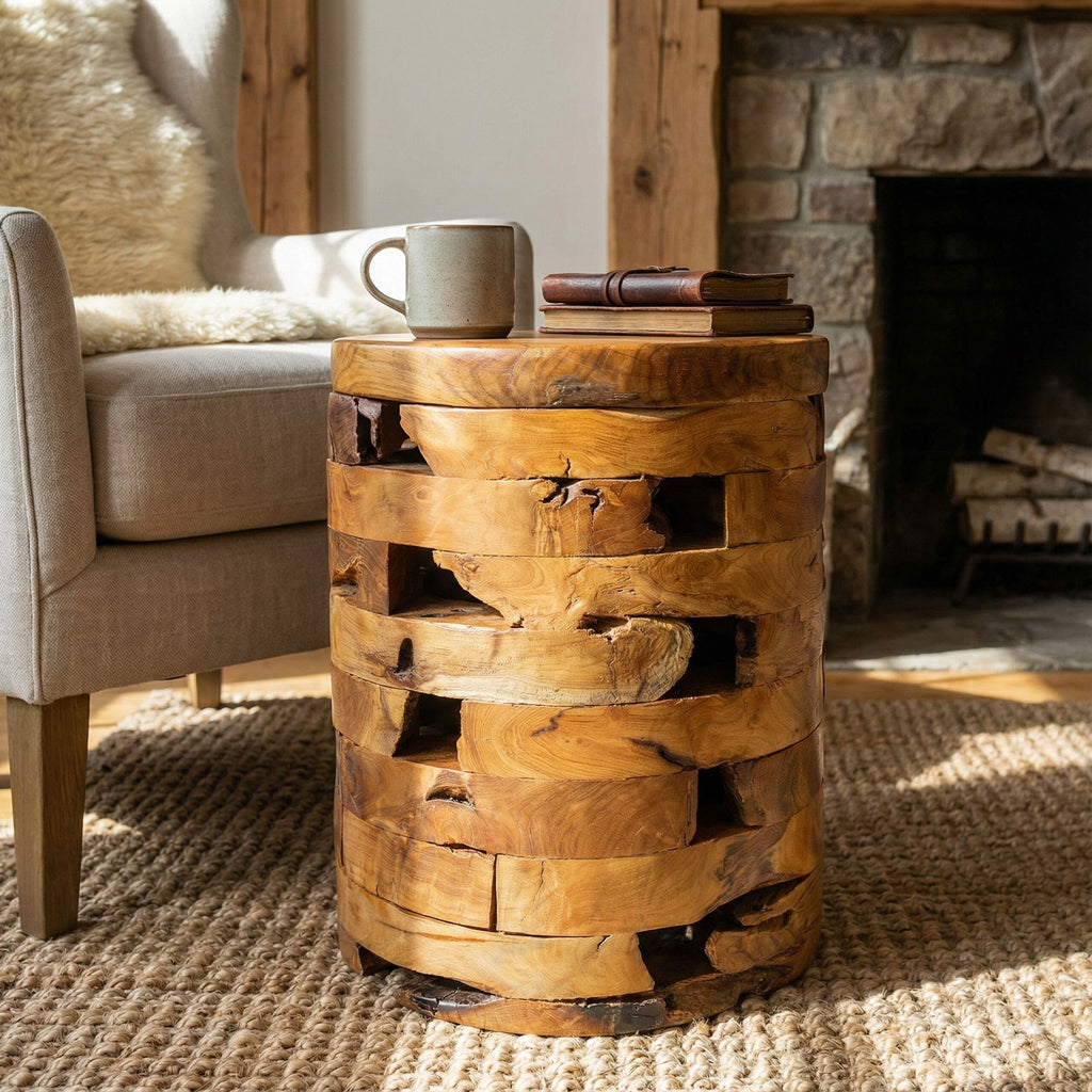 Bare Decor Stonehenge Artisan Accent Stool, Table in Solid Teak Wood