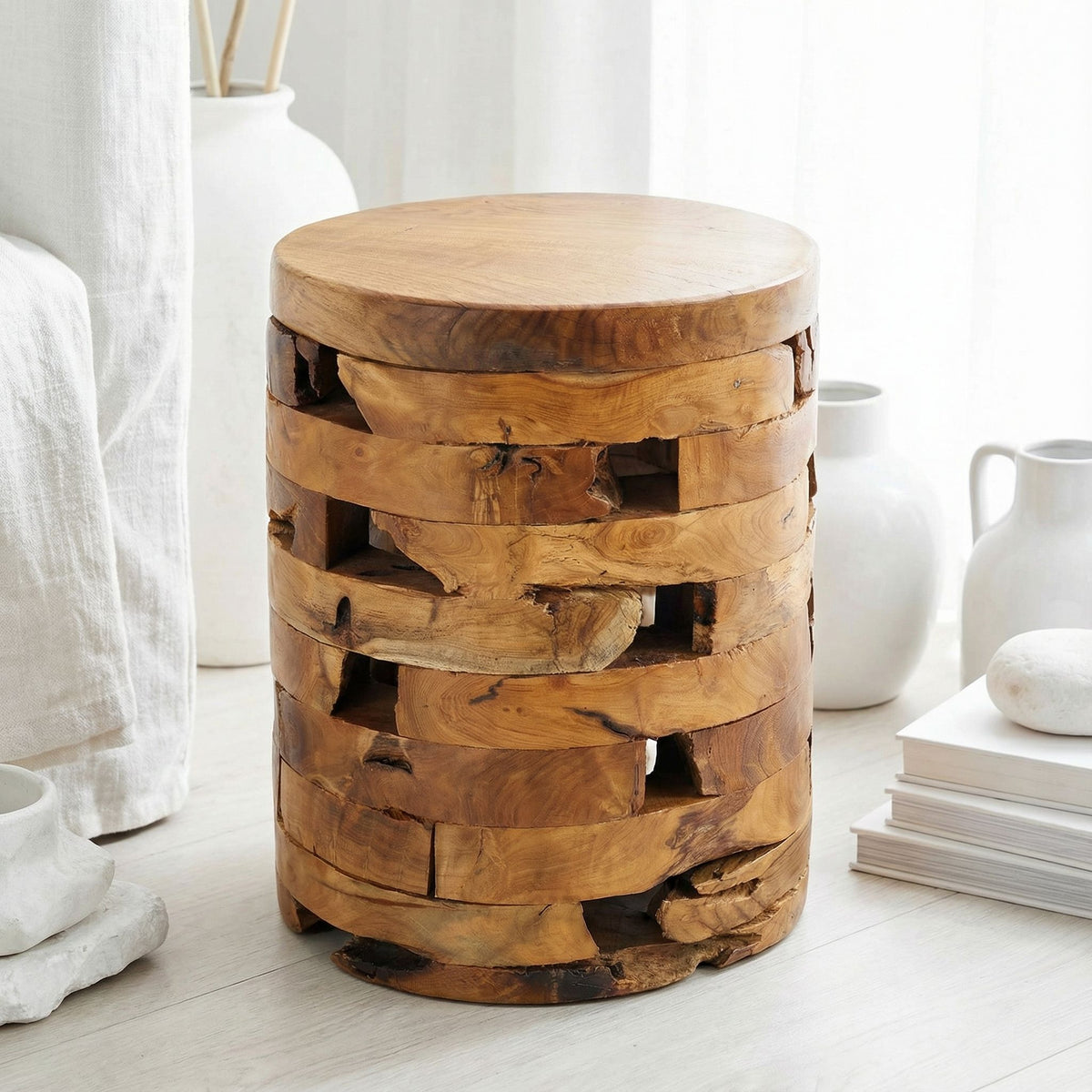 Bare Decor Stonehenge Artisan Accent Stool, Table in Solid Teak Wood