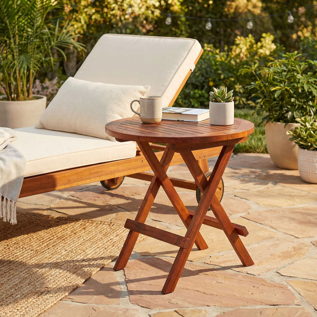 Bare Decor Karlyn Round Folding End Table in Teak Wood, 20"