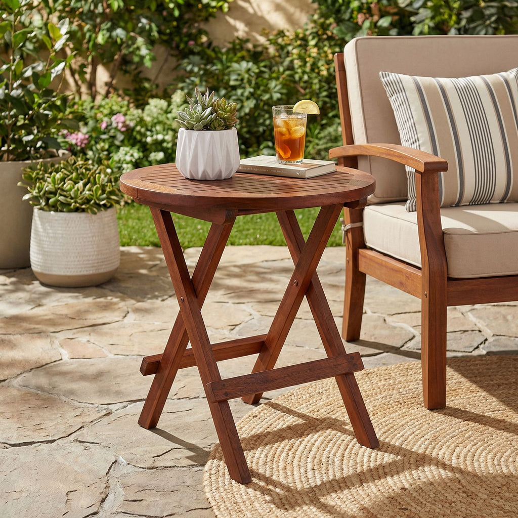 Bare Decor Karlyn Round Folding End Table in Teak Wood, 20"