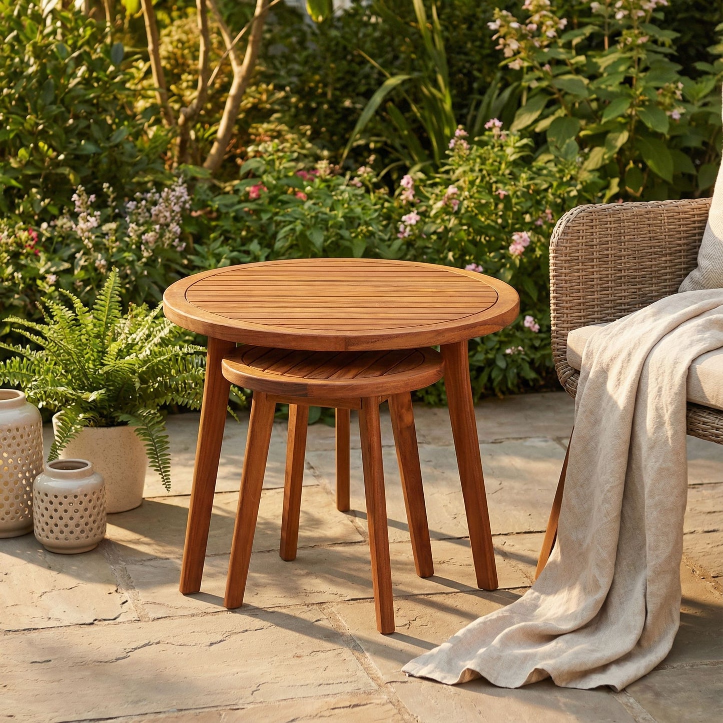 Bare Decor Infinity Teak Accent Nesting Tables, Round Solid Wood