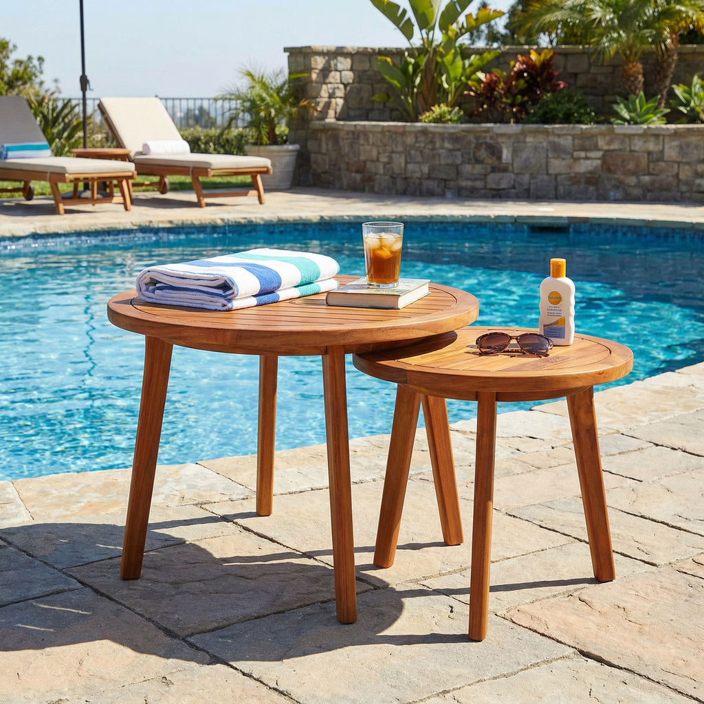 Bare Decor Infinity Teak Accent Nesting Tables, Round Solid Wood