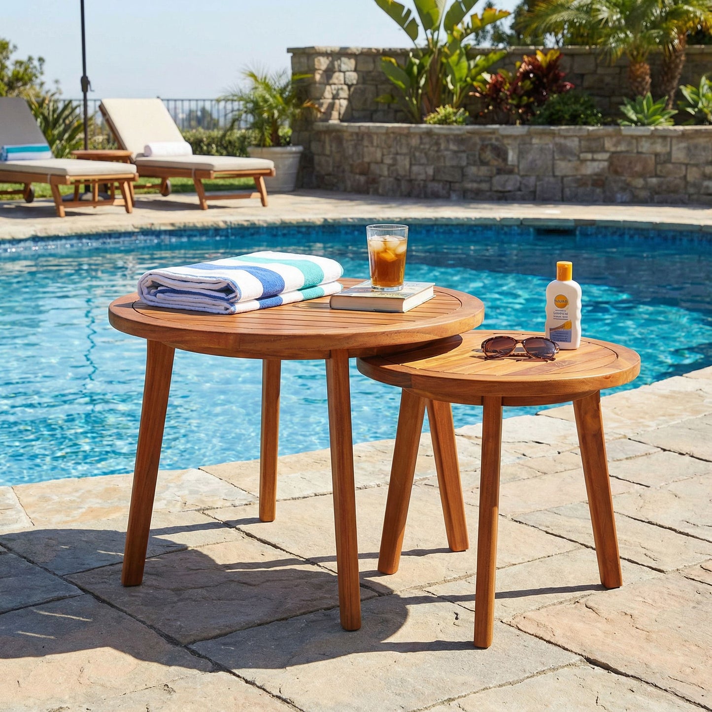 Bare Decor Infinity Teak Accent Nesting Tables, Round Solid Wood