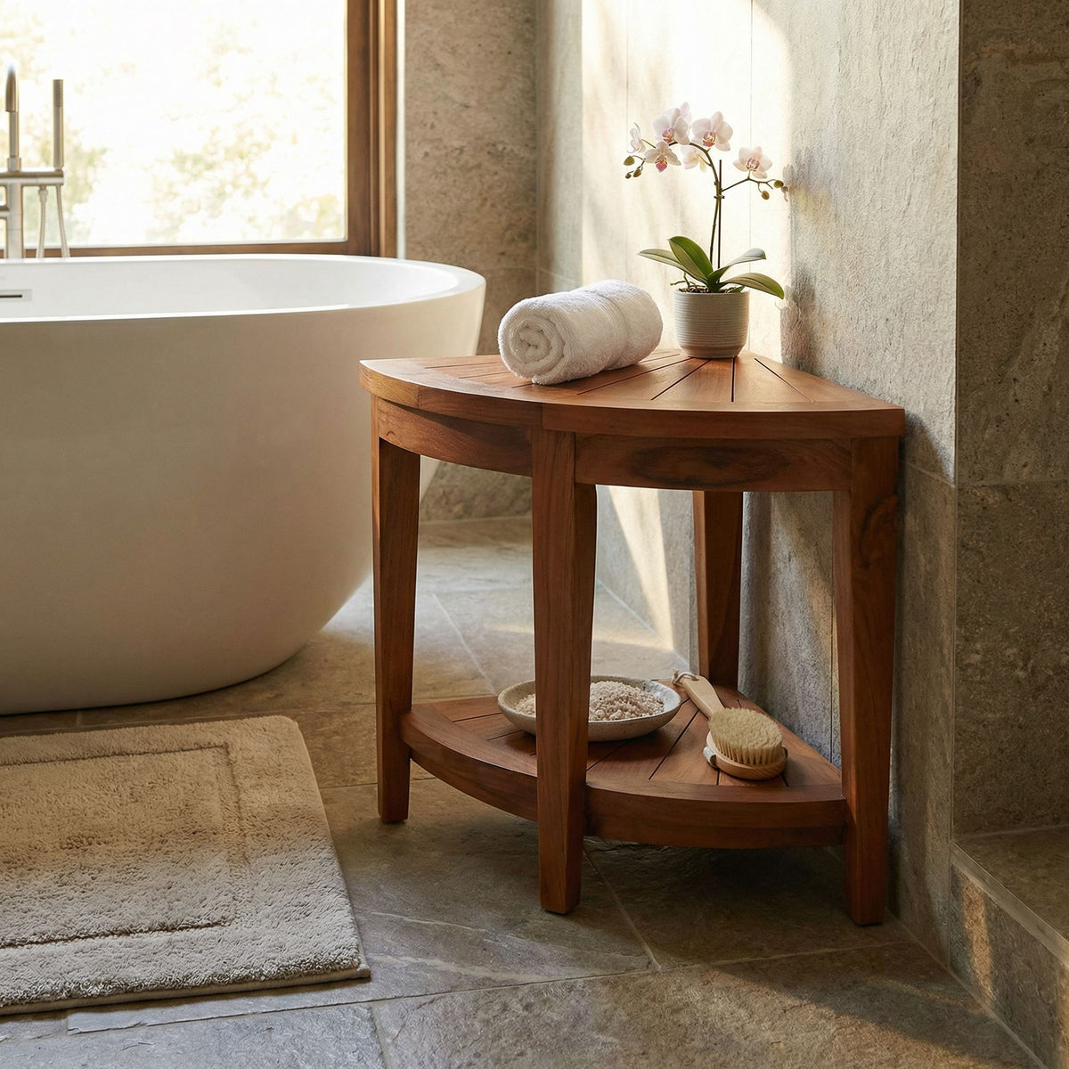 Bare Decor Hanna Corner Spa Shower Stool in Solid Teak Wood, 18"H