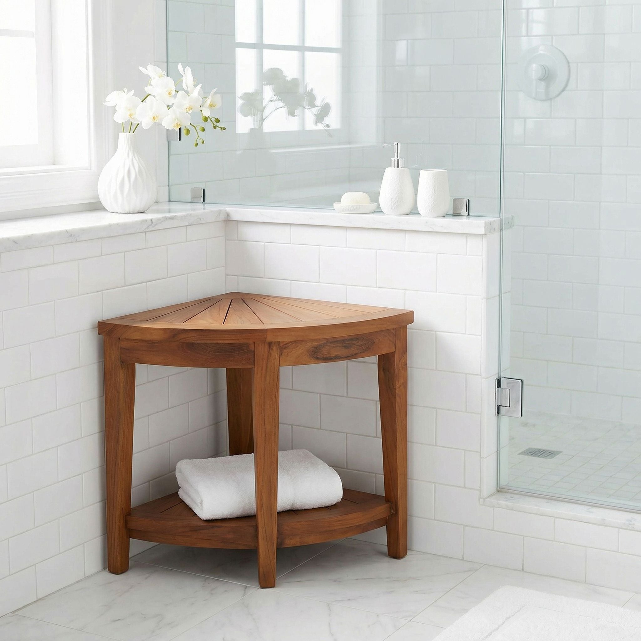 Bare Decor Hanna Corner Spa Shower Stool in Solid Teak Wood, 18"H