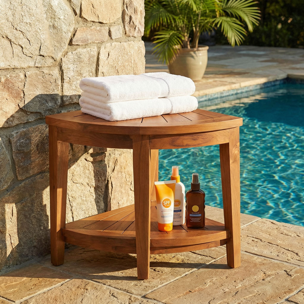 Bare Decor Hanna Corner Spa Shower Stool in Solid Teak Wood, 18"H