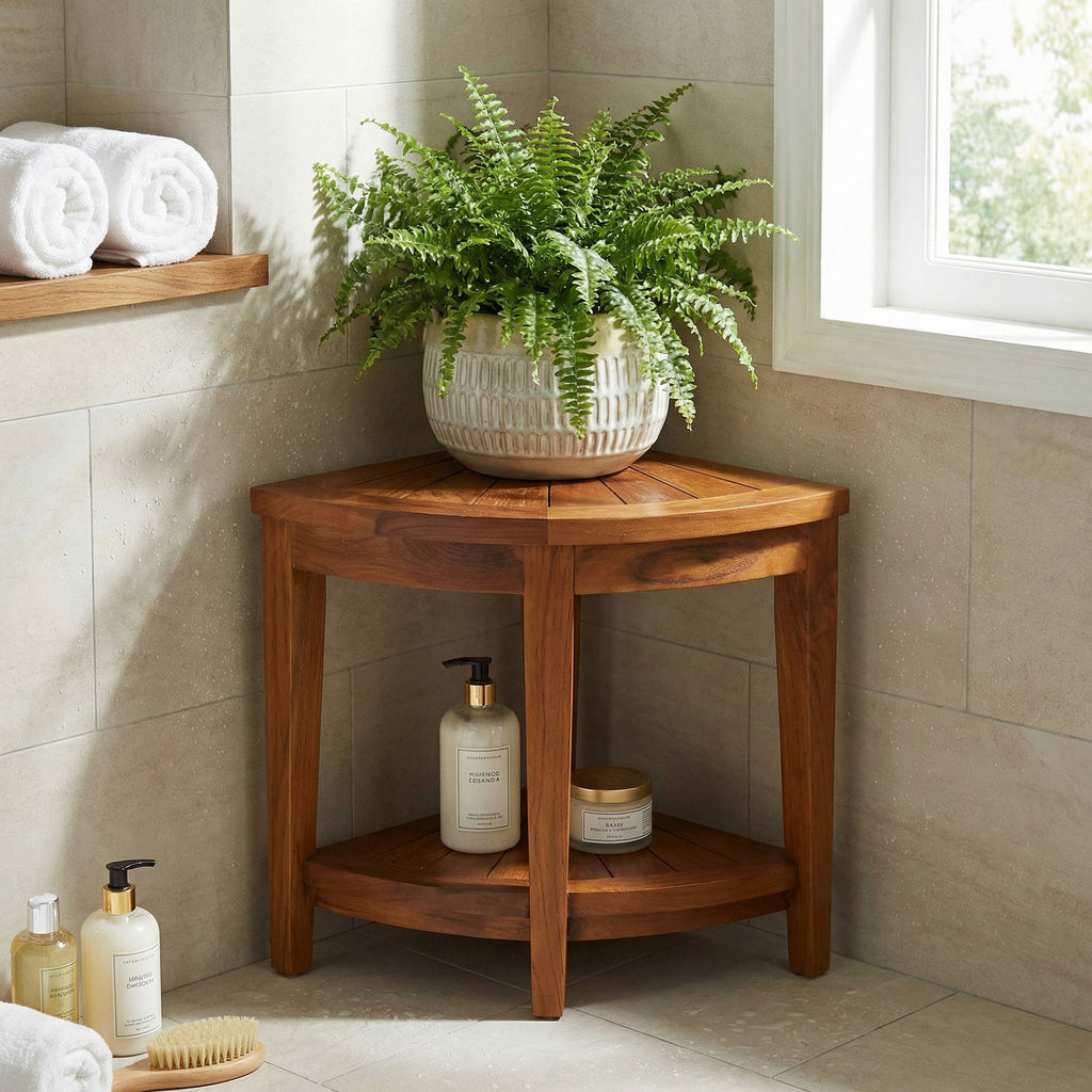 Bare Decor Hanna Corner Spa Shower Stool in Solid Teak Wood, 18"H