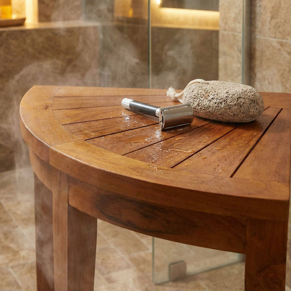 Bare Decor Hanna Corner Spa Shower Stool in Solid Teak Wood, 18"H