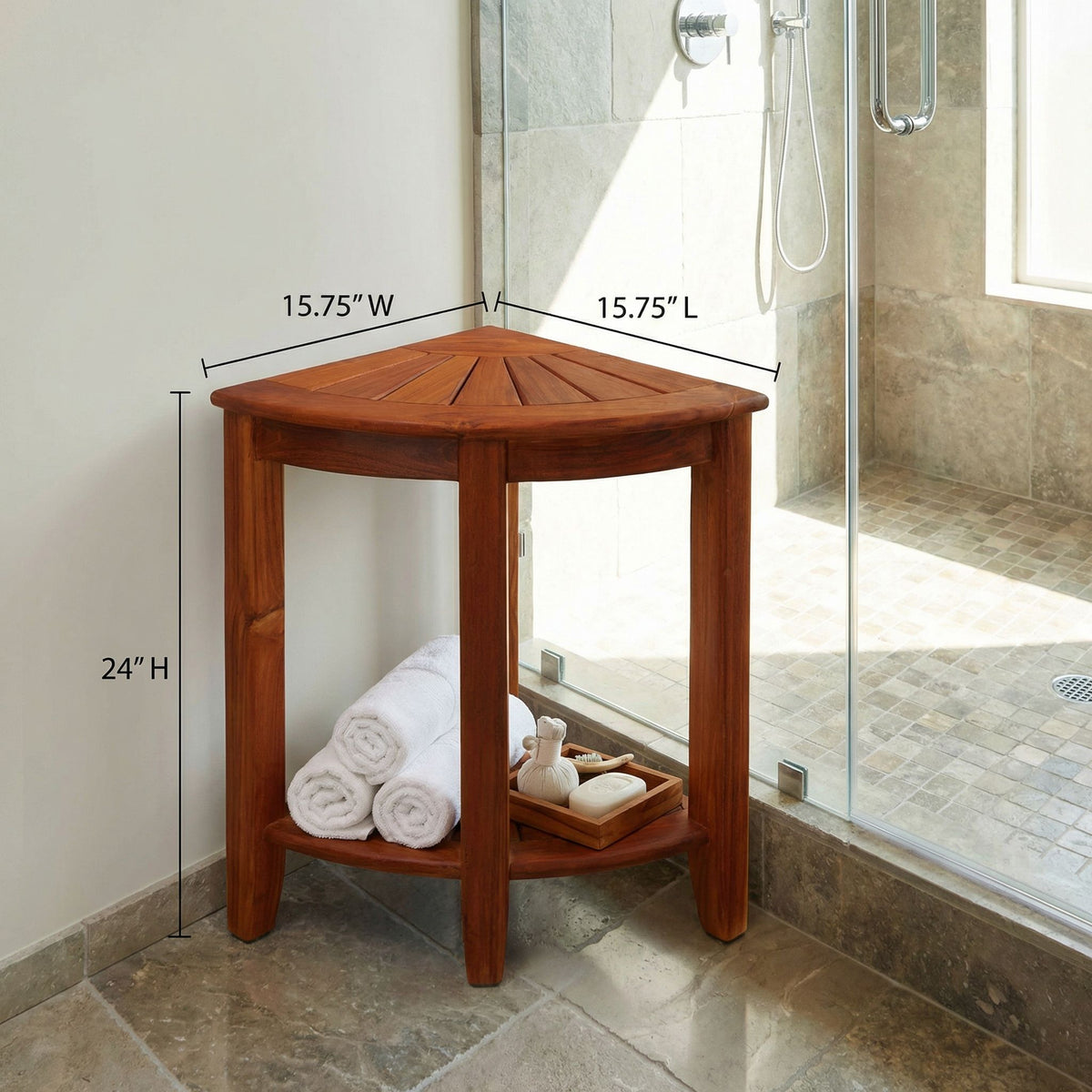 Bare Decor Elana Tall Corner Spa Shower Stool in Solid Teak Wood, 24"H