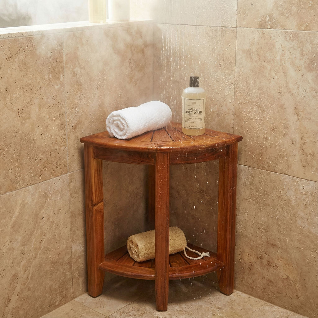 Bare Decor Elana Tall Corner Spa Shower Stool in Solid Teak Wood, 24"H