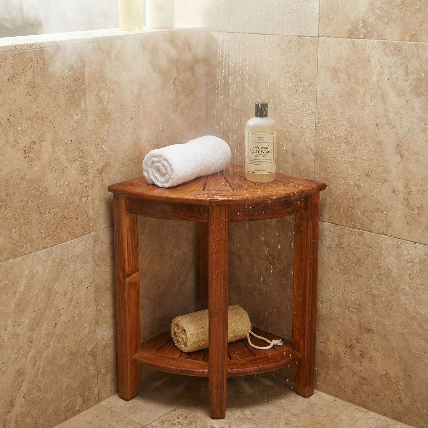 Bare Decor Elana Tall Corner Spa Shower Stool in Solid Teak Wood, 24"H