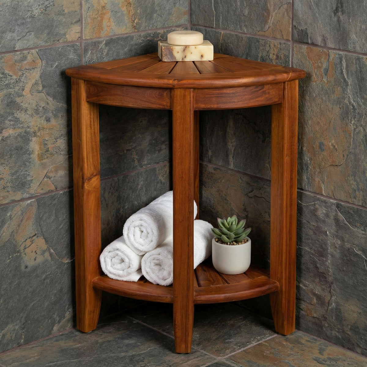 Bare Decor Elana Tall Corner Spa Shower Stool in Solid Teak Wood, 24"H