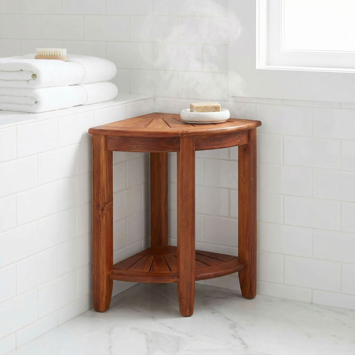 Bare Decor Elana Tall Corner Spa Shower Stool in Solid Teak Wood, 24"H