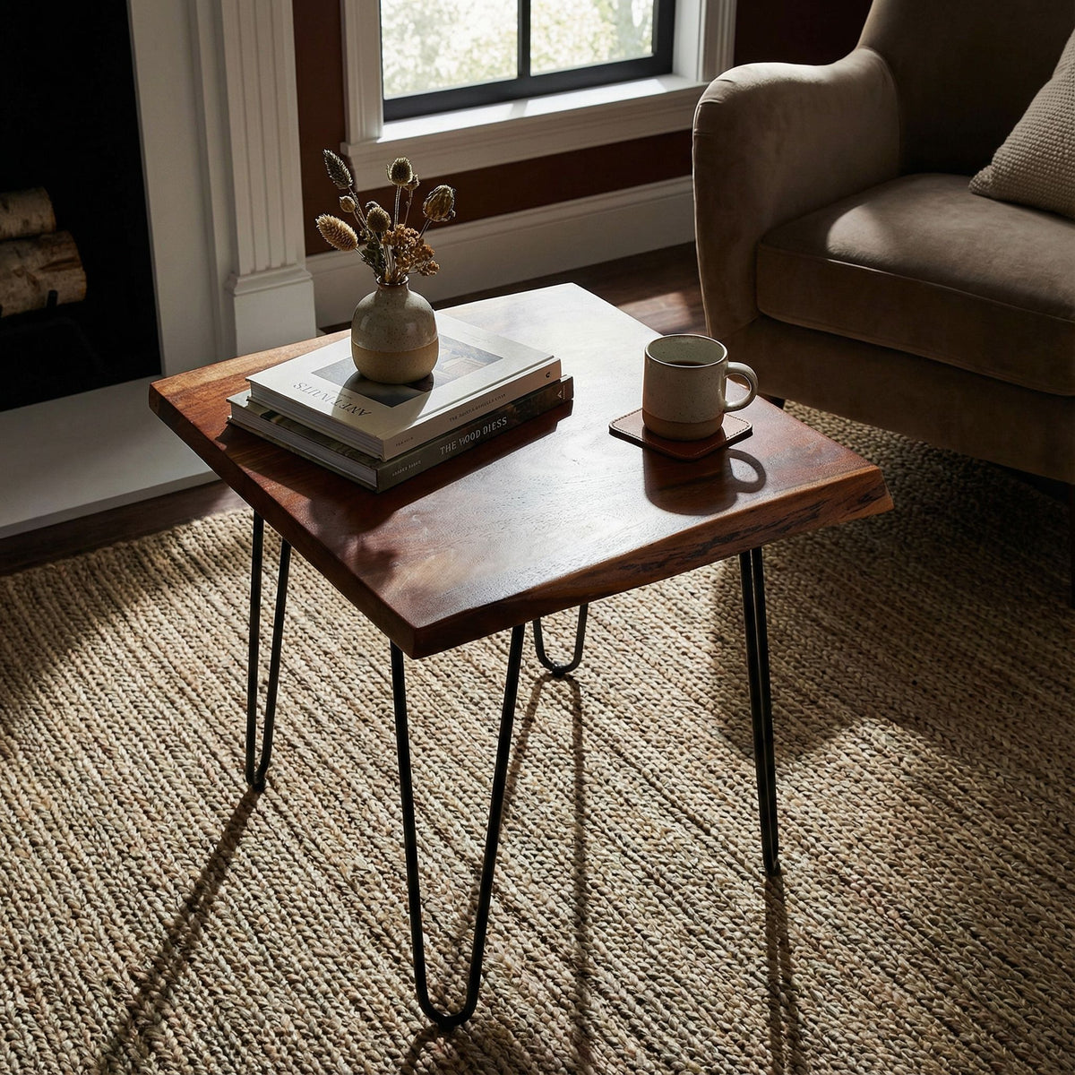 Bare Decor Nunavut Square End Table Solid Wood Live Top with Black Metal Hairpin Legs, 24x24x24