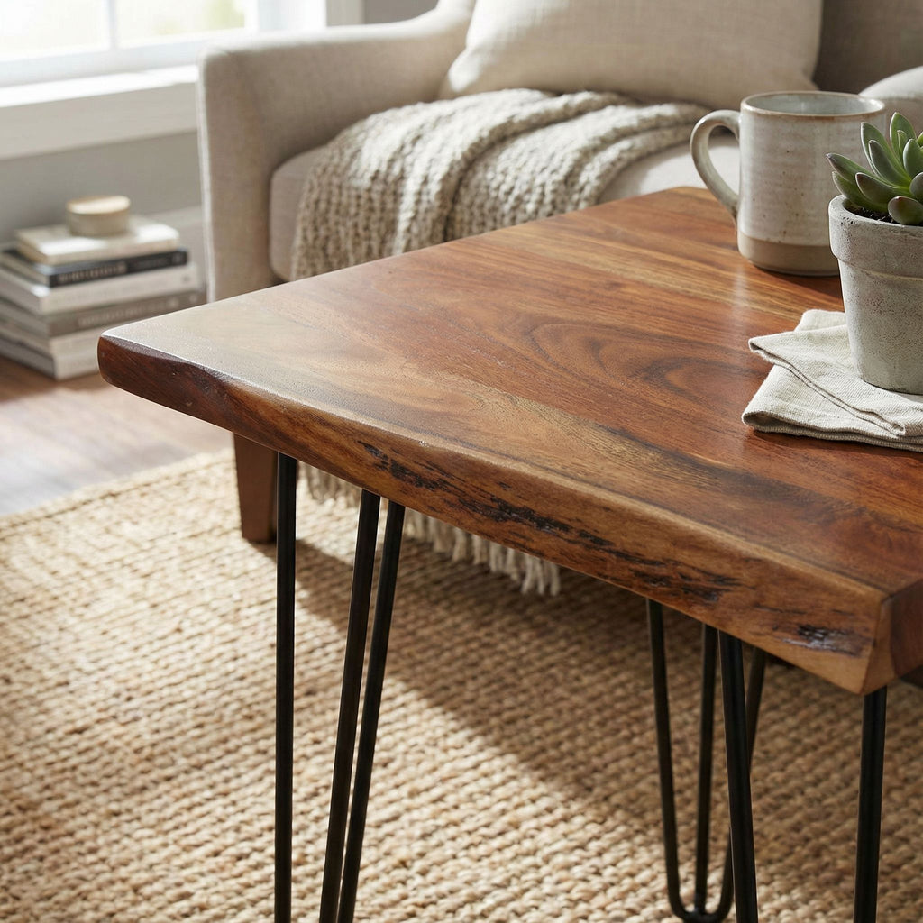 Bare Decor Nunavut Square End Table Solid Wood Live Top with Black Metal Hairpin Legs, 24x24x24
