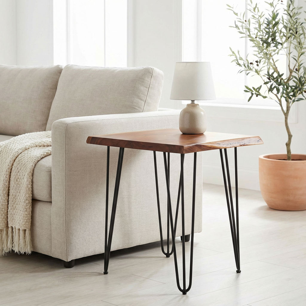 Bare Decor Nunavut Square End Table Solid Wood Live Top with Black Metal Hairpin Legs, 24x24x24