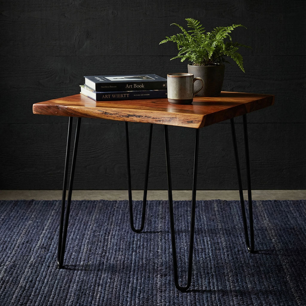 Bare Decor Nunavut Square End Table Solid Wood Live Top with Black Metal Hairpin Legs, 24x24x24