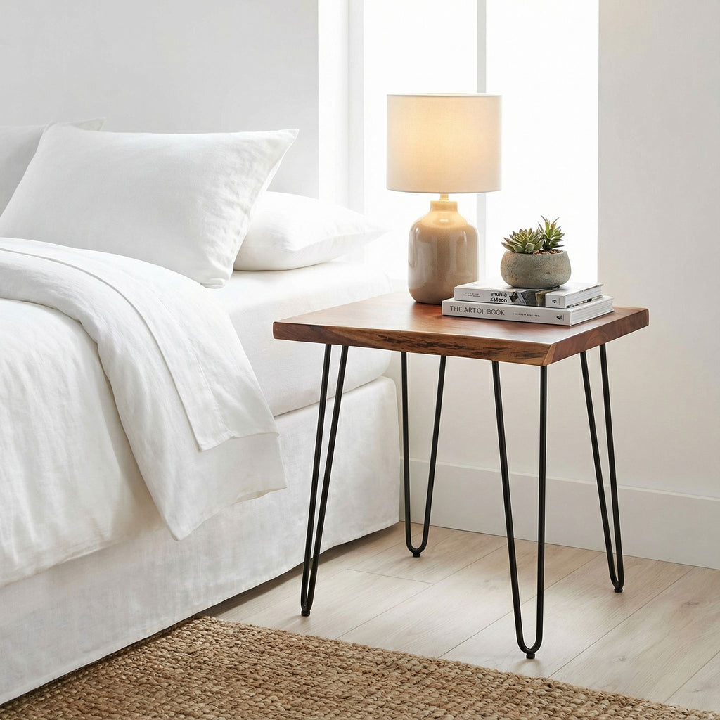Bare Decor Nunavut Square End Table Solid Wood Live Top with Black Metal Hairpin Legs, 24x24x24