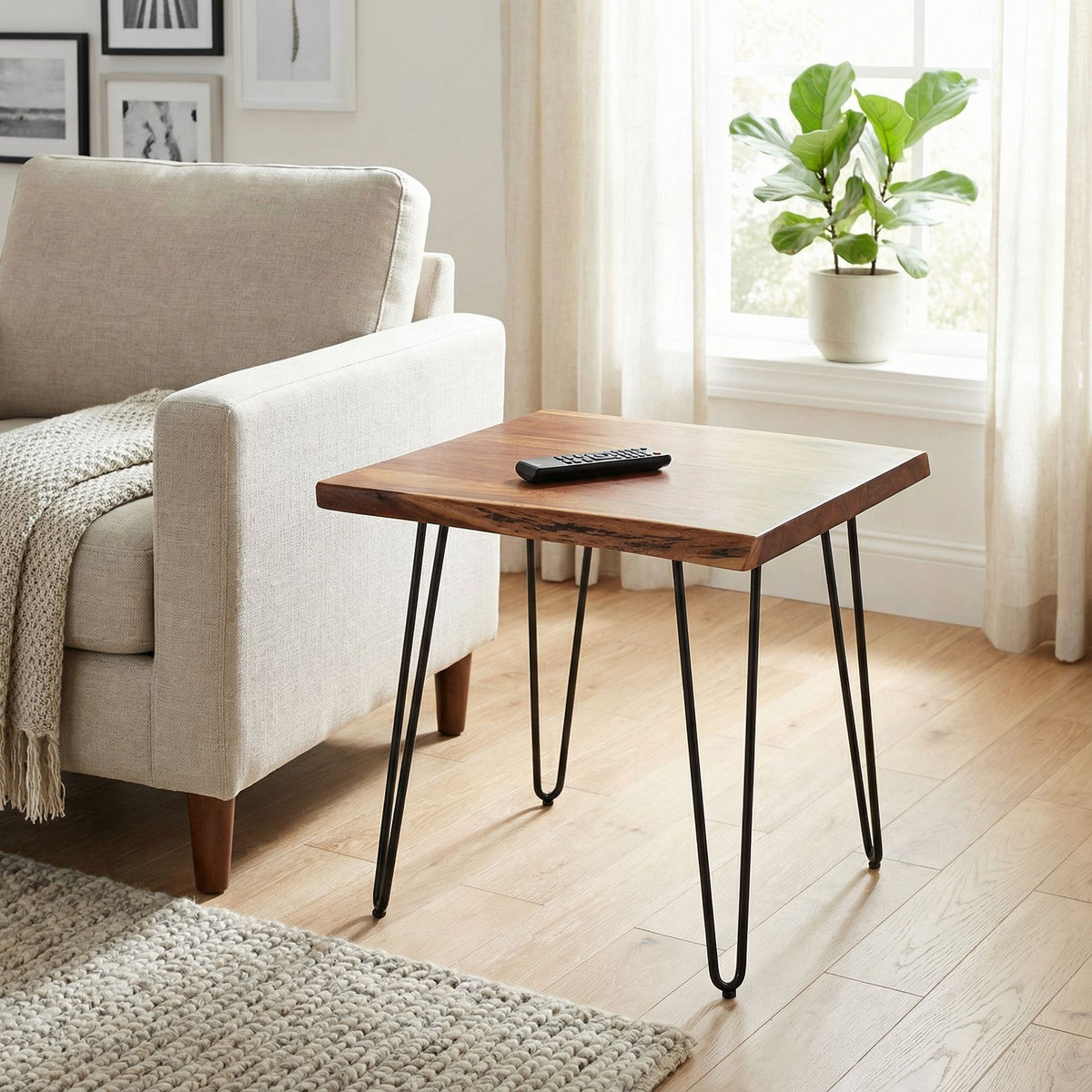 Bare Decor Nunavut Square End Table Solid Wood Live Top with Black Metal Hairpin Legs, 24x24x24