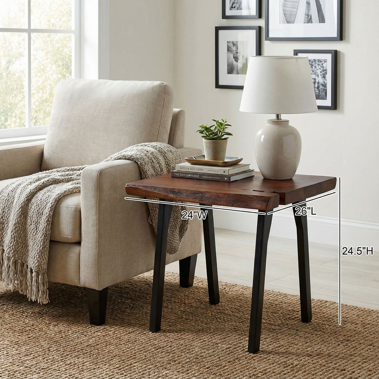 Bare Decor Brunswick End Table With Live Edge Solid Wood Top and Black Metal Legs