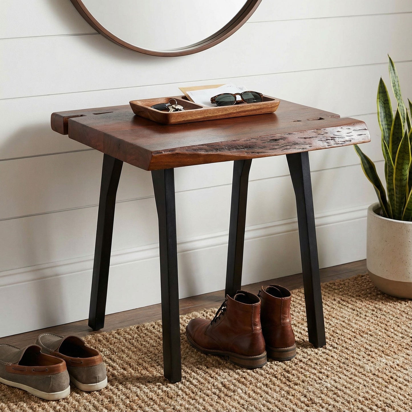 Bare Decor Brunswick End Table With Live Edge Solid Wood Top and Black Metal Legs