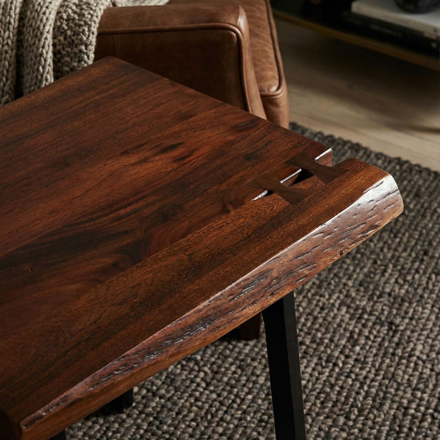 Bare Decor Brunswick End Table With Live Edge Solid Wood Top and Black Metal Legs