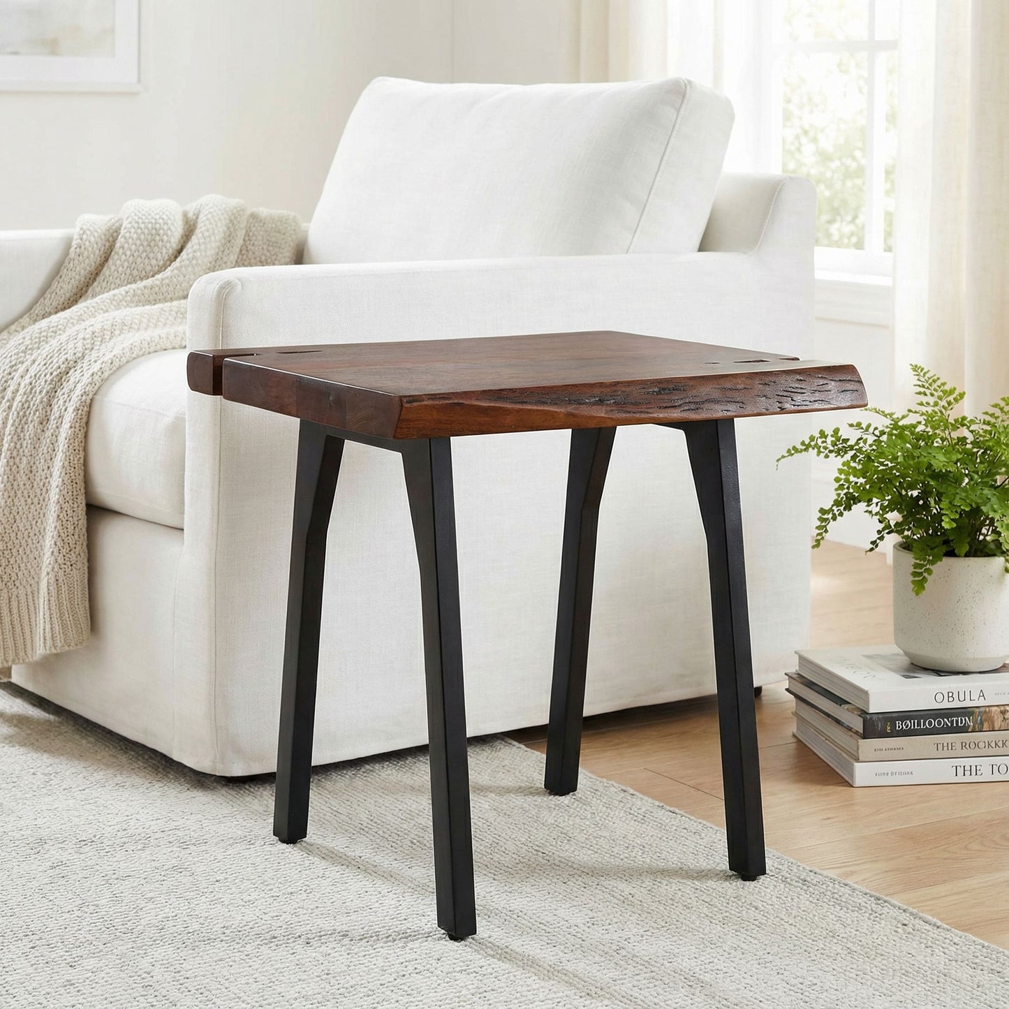Bare Decor Brunswick End Table With Live Edge Solid Wood Top and Black Metal Legs