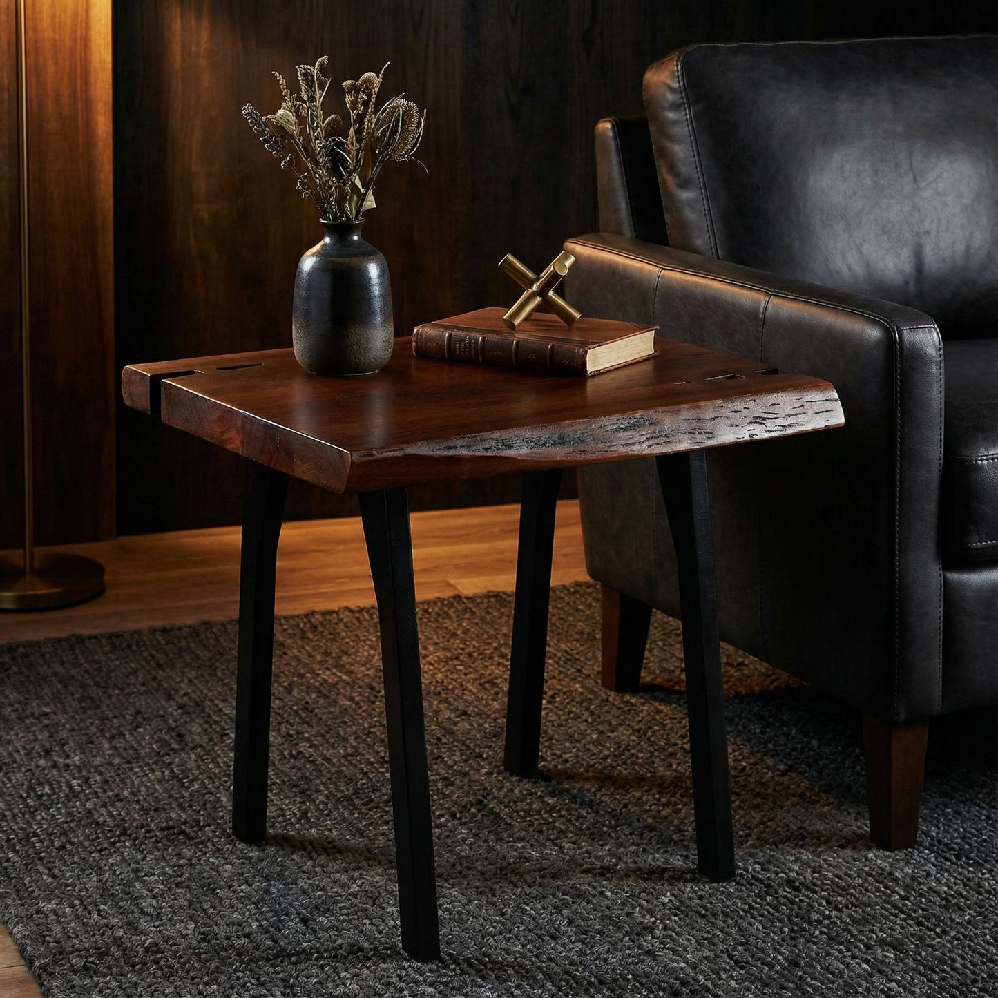 Bare Decor Brunswick End Table With Live Edge Solid Wood Top and Black Metal Legs