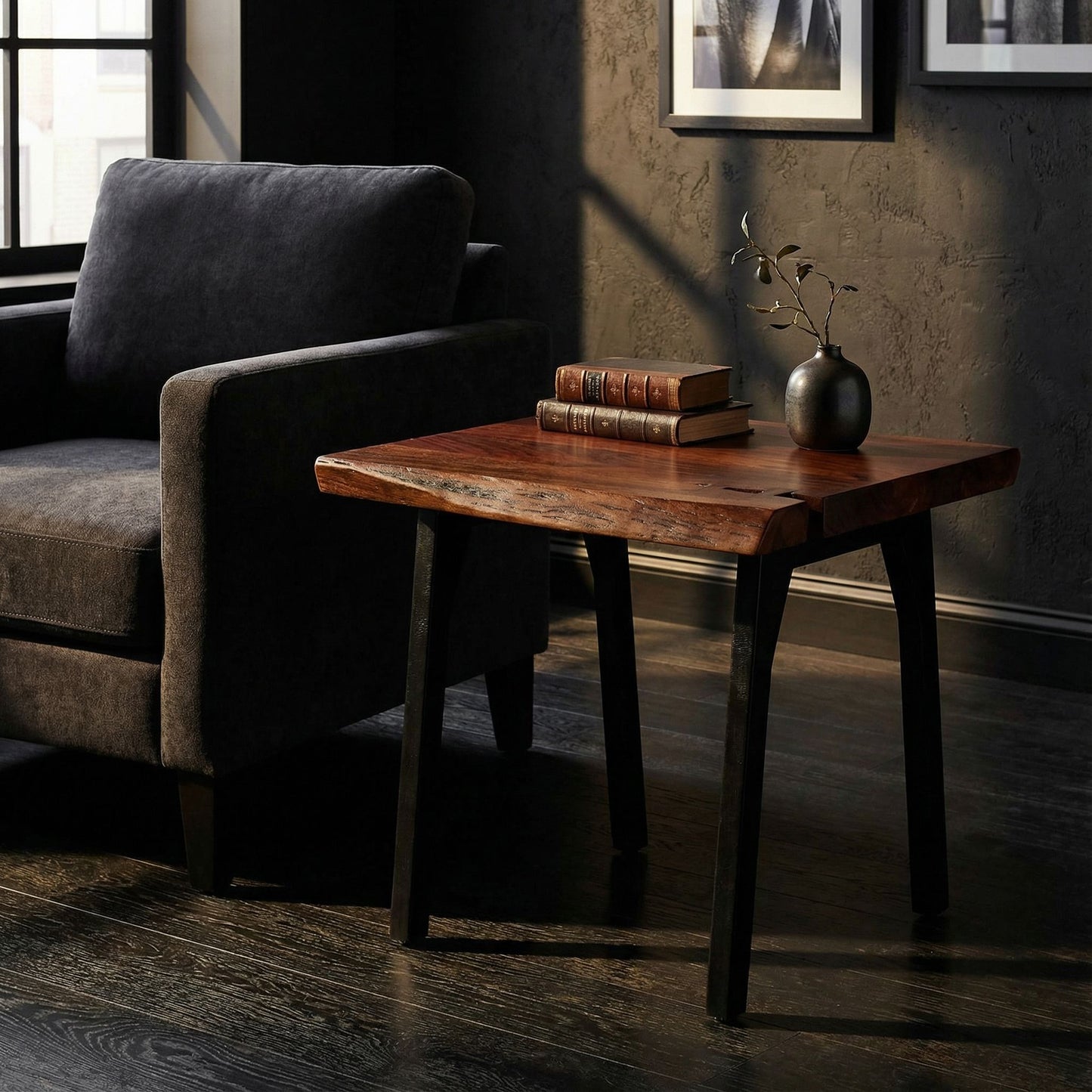 Bare Decor Brunswick End Table With Live Edge Solid Wood Top and Black Metal Legs